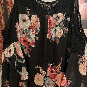 Black with pink floral pattern, peekaboo shoulder dress